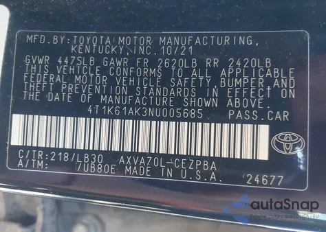 2022 Toyota Camry Xse z USA, uszkodzony, nr VIN 4T1K61AK3NU005685